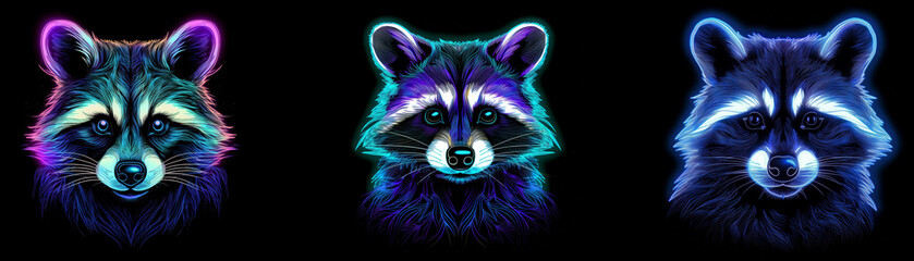Poster - Three raccoons are shown in different neon colors, with a black background.
