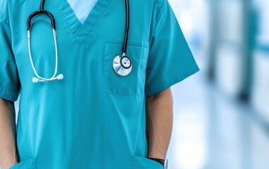 Aufkleber - A healthcare professional in scrubs stands with a stethoscope in a hospital corridor, symbolizing care and medical expertise.