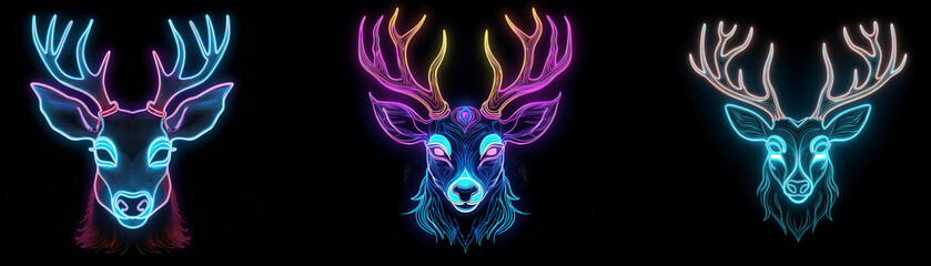 Poster - Three neon deer heads with antlers, each with different colored lights and a dark background.