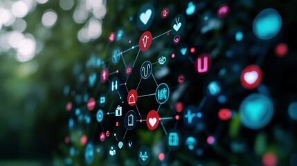 Aufkleber - A vibrant digital network of health and wellness icons, featuring heart symbols and medical elements, set against a blurred green background.