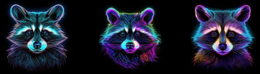 Poster - Three raccoon faces rendered in glowing neon colors, with the  background black.