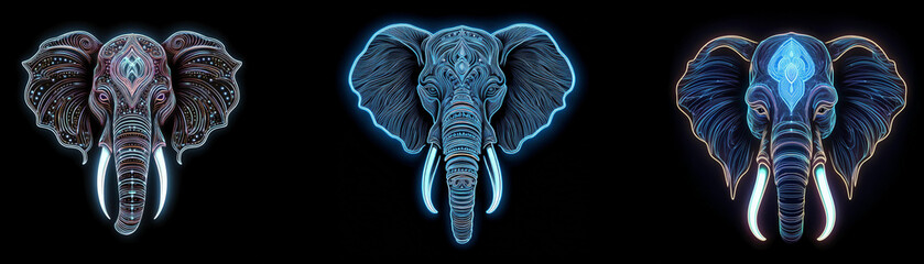 Aufkleber - Three neon-colored elephant heads with detailed patterns on a black background.