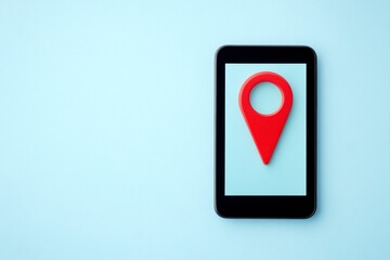 Poster - A smartphone displays a red location pin against a soft blue background, symbolizing navigation and geolocation technology.