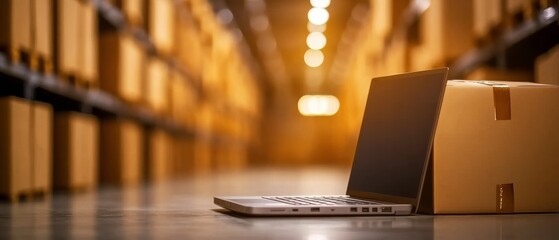 Poster - A laptop is placed beside a cardboard box in a warehouse, with shelves filled with boxes in the background, highlighting a workspace or delivery setting.