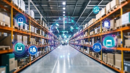 Poster - Modern Warehouse with Digital Icons and Scale Effects