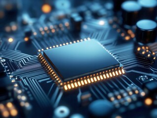 Leinwandbilder - A close-up view of a microchip on an electronic circuit board, showcasing complex circuitry and intricate design.