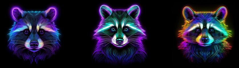 Poster - Three raccoon faces illuminated in vibrant neon colors against a black background.