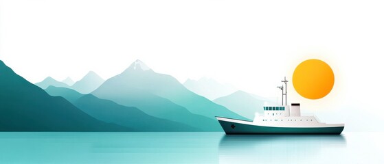 Aufkleber - A serene landscape featuring a boat on calm waters, surrounded by mountains and a vibrant sun in a minimalist design.