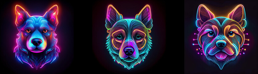 Aufkleber - Three dog heads outlined in neon colors, with one dog in the middle.