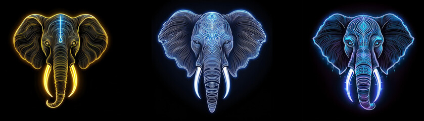 Aufkleber - Three stylized elephant heads are depicted in glowing colors against a black background.