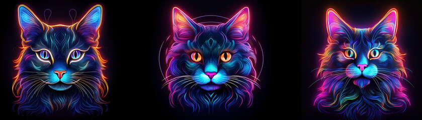 Poster - Three neon-glowing cat portraits with different color schemes.