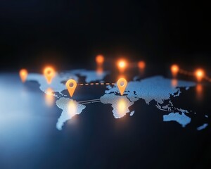 Poster - A digital map illuminated with location markers, highlighting global connectivity and geographical data representation.