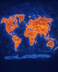 Poster - A vibrant, networked world map illuminated in orange and blue, representing global connectivity and data flow.