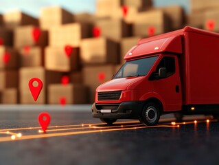 Poster - A red delivery truck is positioned on a path marked by location pins, with a background of stacked brown shipping boxes, highlighting logistics and transportation.