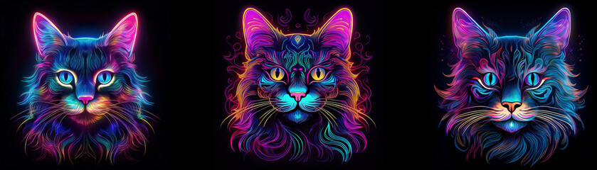 Poster - Three neon-glowing cat portraits in a dark background.