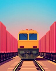 Aufkleber - A vibrant, stylized train heads down a railway surrounded by colorful container cars under a bright sky.