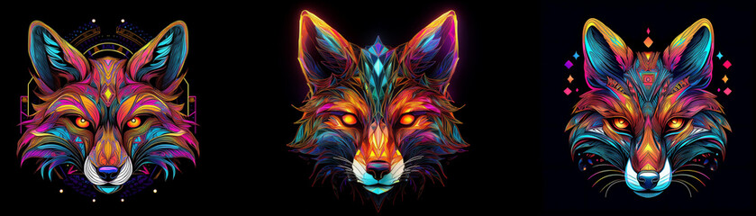  Three fox faces, rendered in neon colors on a black background.