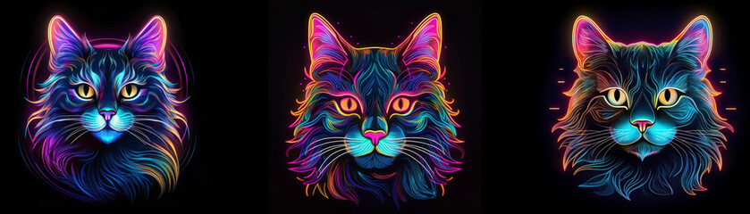 Poster - Three colorful cats with glowing fur against a black background.