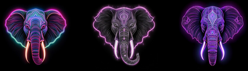Aufkleber - Three neon elephant heads with different color hues and patterns on a black background.