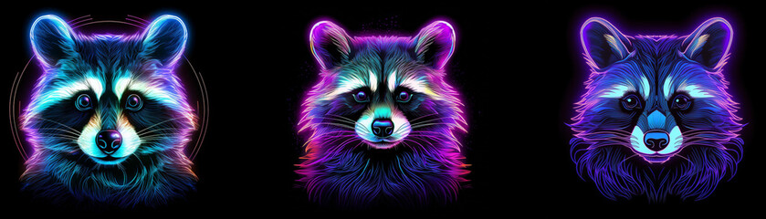 Poster - Three raccoons with glowing neon fur against a dark background.
