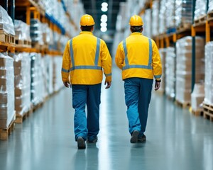 Poster - Two workers in safety gear walk through a warehouse filled with stacked pallets, illustrating teamwork and industrial efficiency.