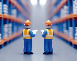 Poster - Two construction workers examine plans in a warehouse aisle lined with shelves of supplies, emphasizing teamwork and safety in construction.