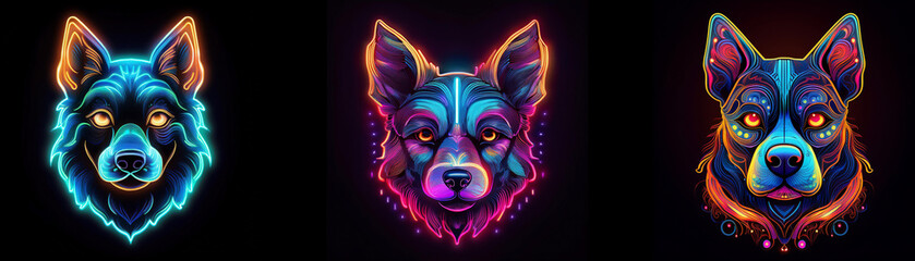 Poster - Three neon dog heads with different colors against a black background.