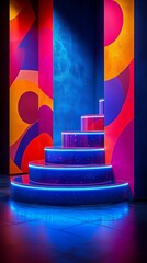 Wall Mural - vibrant neon staircase against abstract colorful wall art