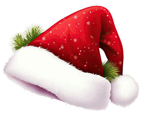 Wall Mural - Santa claus hat clipart on white background. Traditional Christmas Santa hat adorned with holly leaves and a fluffy white trim