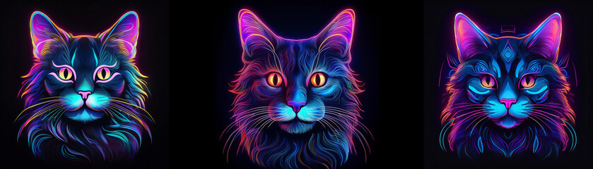Poster - Three glowing neon cats with different color combinations.