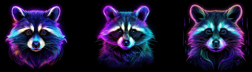 Poster - Three neon racoons with glowing purple and blue fur against a black background.