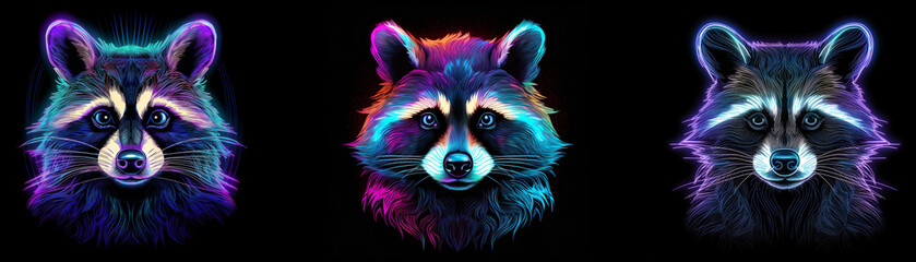 Poster - Three neon raccoons with different colored glowing fur.