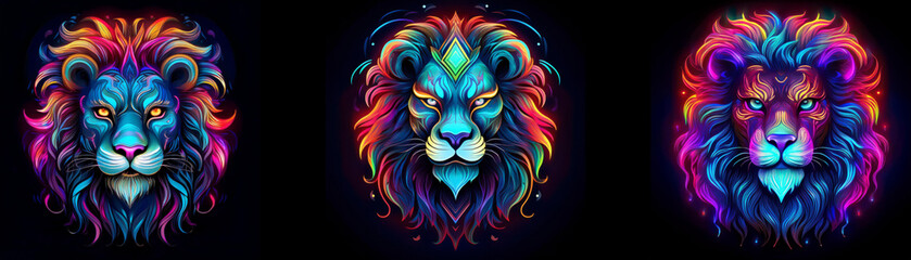 Poster - Three lions with colorful manes against a dark background.