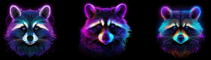 Poster - Three neon glowing raccoon faces on black background.