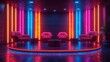 © julija - vibrant and engaging empty game show talk show set, highlighted by bright stage lights, stylish chairs, and a prominent table, ready to host entertaining discussions in a lively studio ambiance