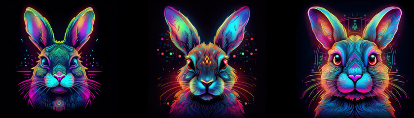Poster - Three colorful rabbits with long ears and vibrant fur are looking at the viewer.
