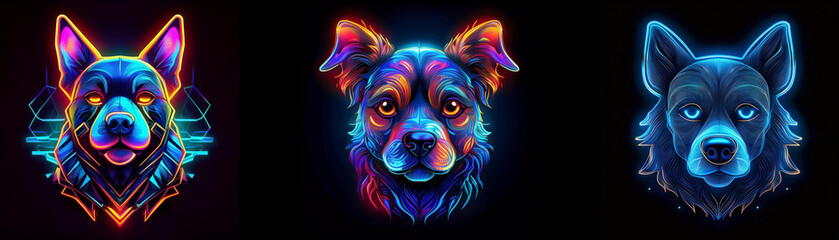 Aufkleber - Three dog heads in neon colors on a black background.