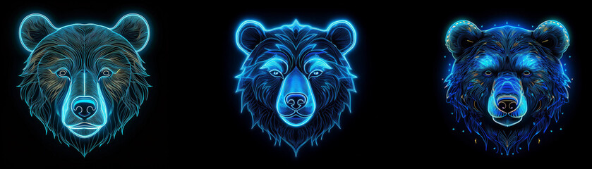 Aufkleber - Three bear heads with a black background are rendered in various shades of blue with glowing neon outlines.
