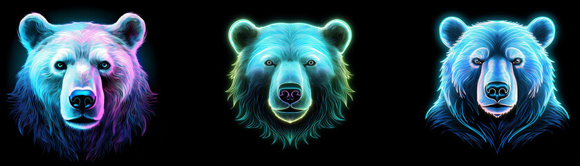 Aufkleber - Three bear heads are displayed against a black background. Each bear is outlined with an electric glow in shades of blue, purple, and green.