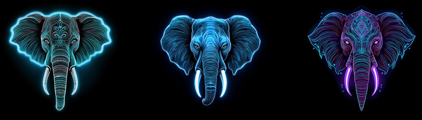 Aufkleber - Three elephant heads with glowing, neon colors against a black background.