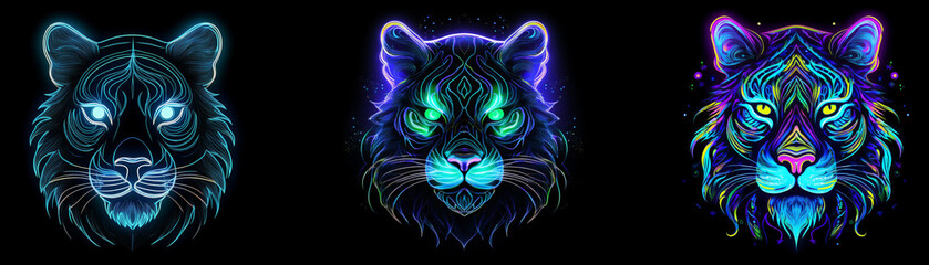 Poster - Three neon tiger heads with intricate patterns and glowing eyes on a black background.