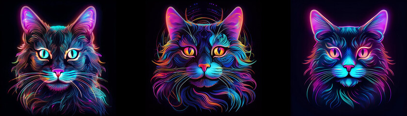 Poster - Three colorful cats with glowing fur and eyes.
