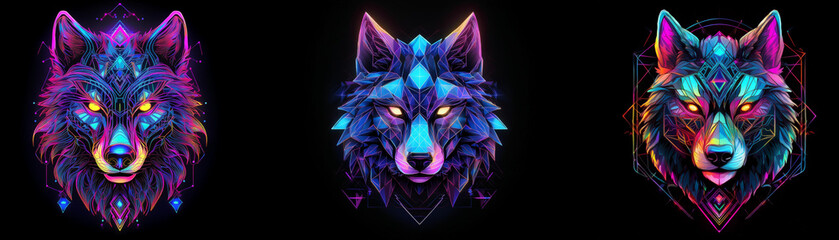 Aufkleber - Three neon wolf heads with geometric patterns, glowing eyes, and a black background.