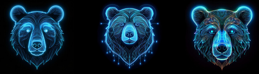 Aufkleber - Three neon blue bear heads with intricate patterns.