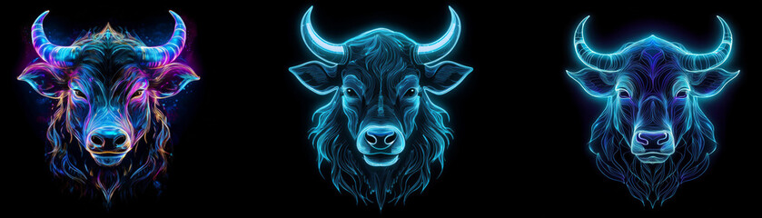 Poster - Three bull heads with glowing neon blue and purple light on a black background.