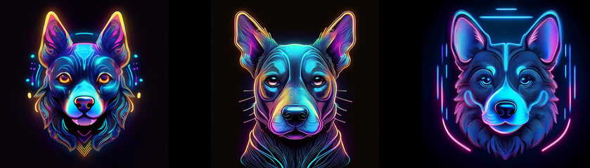 Aufkleber - Three colorful, neon-glowing dog portraits with varying background patterns.