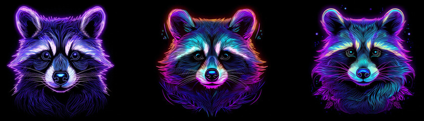 Poster - Three raccoons with vibrant neon fur against a black background.