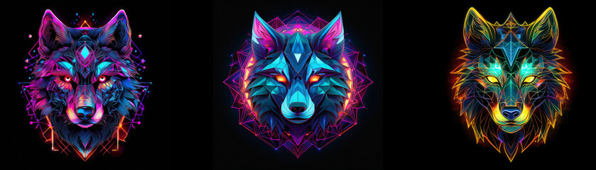 Aufkleber - Three neon wolf heads with glowing eyes and geometric patterns in psychedelic colors.