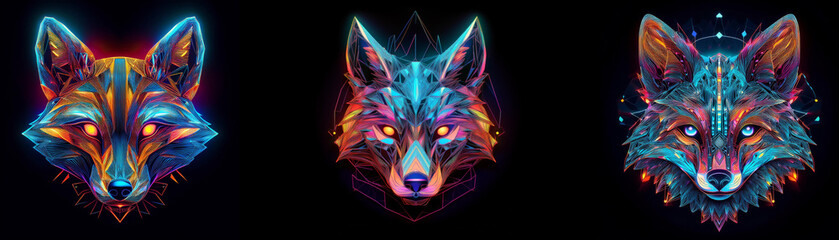 Poster - Three fox heads in a row, each with a unique color scheme of neon blue, pink, and orange.