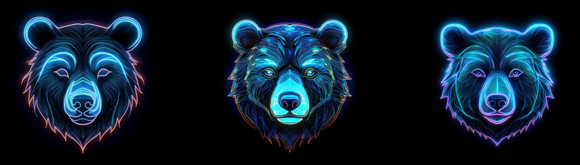 Poster - Three bear heads with glowing neon outlines against a black background.